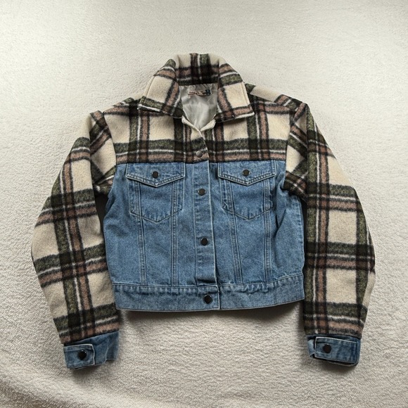 Vintage Havana Jackets & Blazers - Vintage Havana Denim and Plaid Jacket‎ Womens Medium Blue Denim Button Front